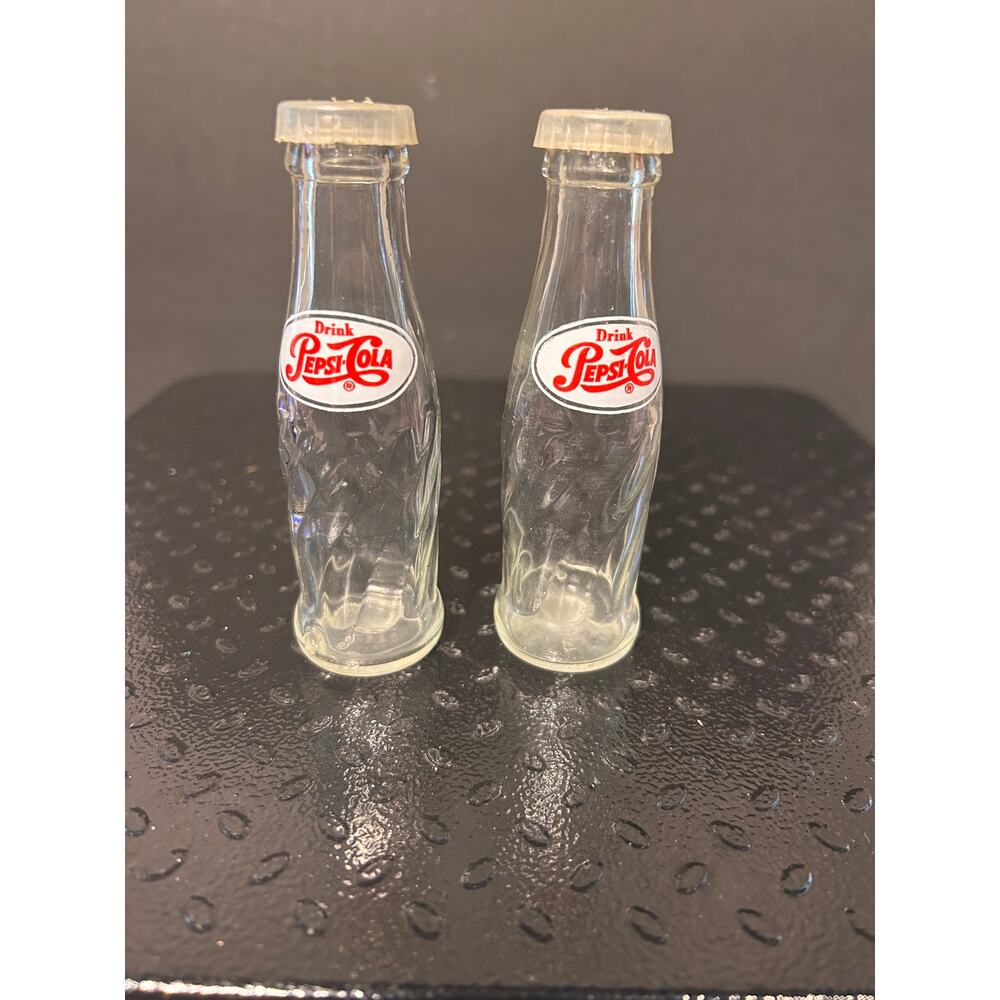 vintage glass salt and pepper shakers shaped like Pepsi-Cola bottles